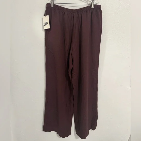 Women's Mid-Rise Wide Leg Linen Pull-On Pants - A New Day™ Brown M: Seam Pocket - Picture 4 of 14